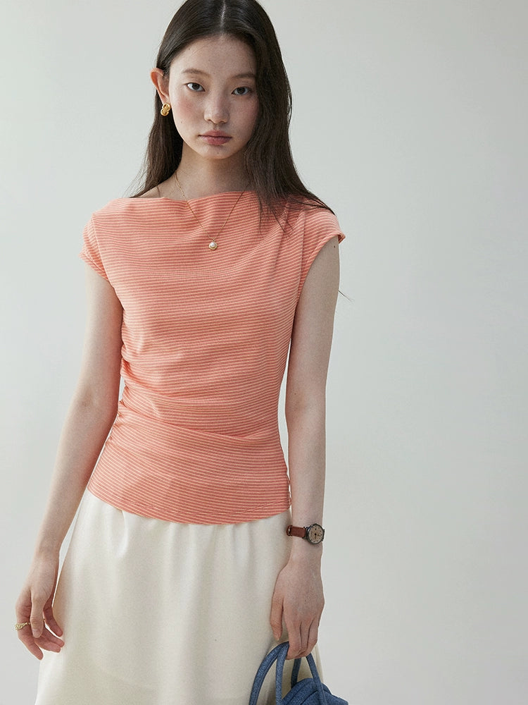 VOOE One-Neck Slash Shoulder Pleated Skinny Striped Tee