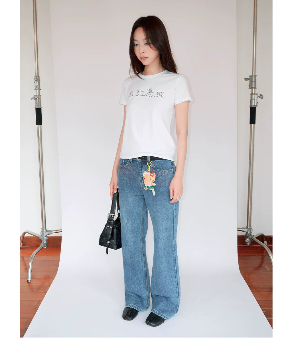 FUNKYFUN Retro Embroidered Slightly Pulled Old Jeans