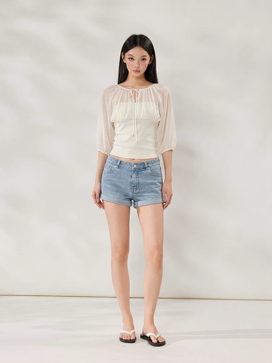 WITHMIN Front Shoulder Waist Thin Fake Two-piece Tee