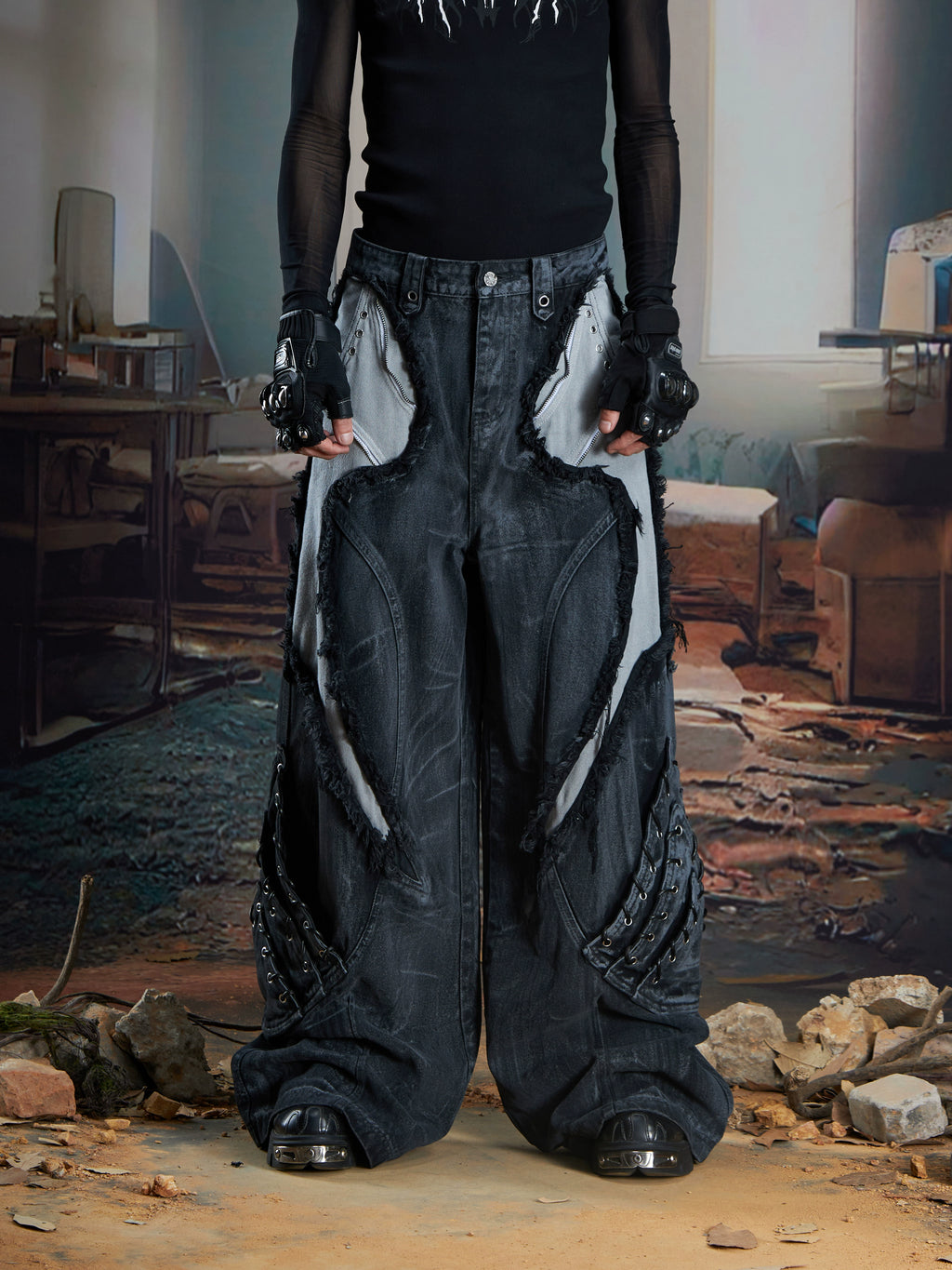 NOMANIAI Stitched Rough-rimmed Fringed Baggy Jeans