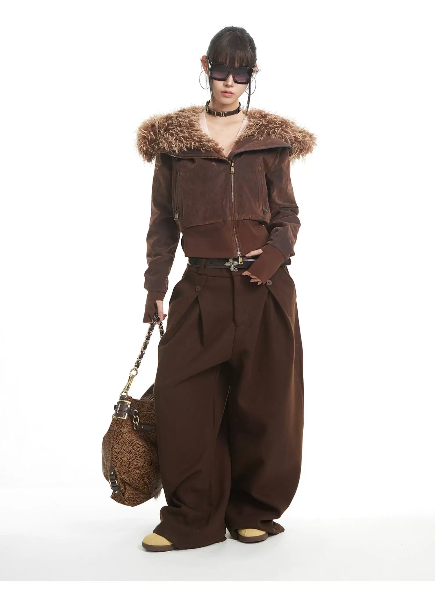 UNCMHISEX Big Fur Collar Hooded Padded Short Jacket