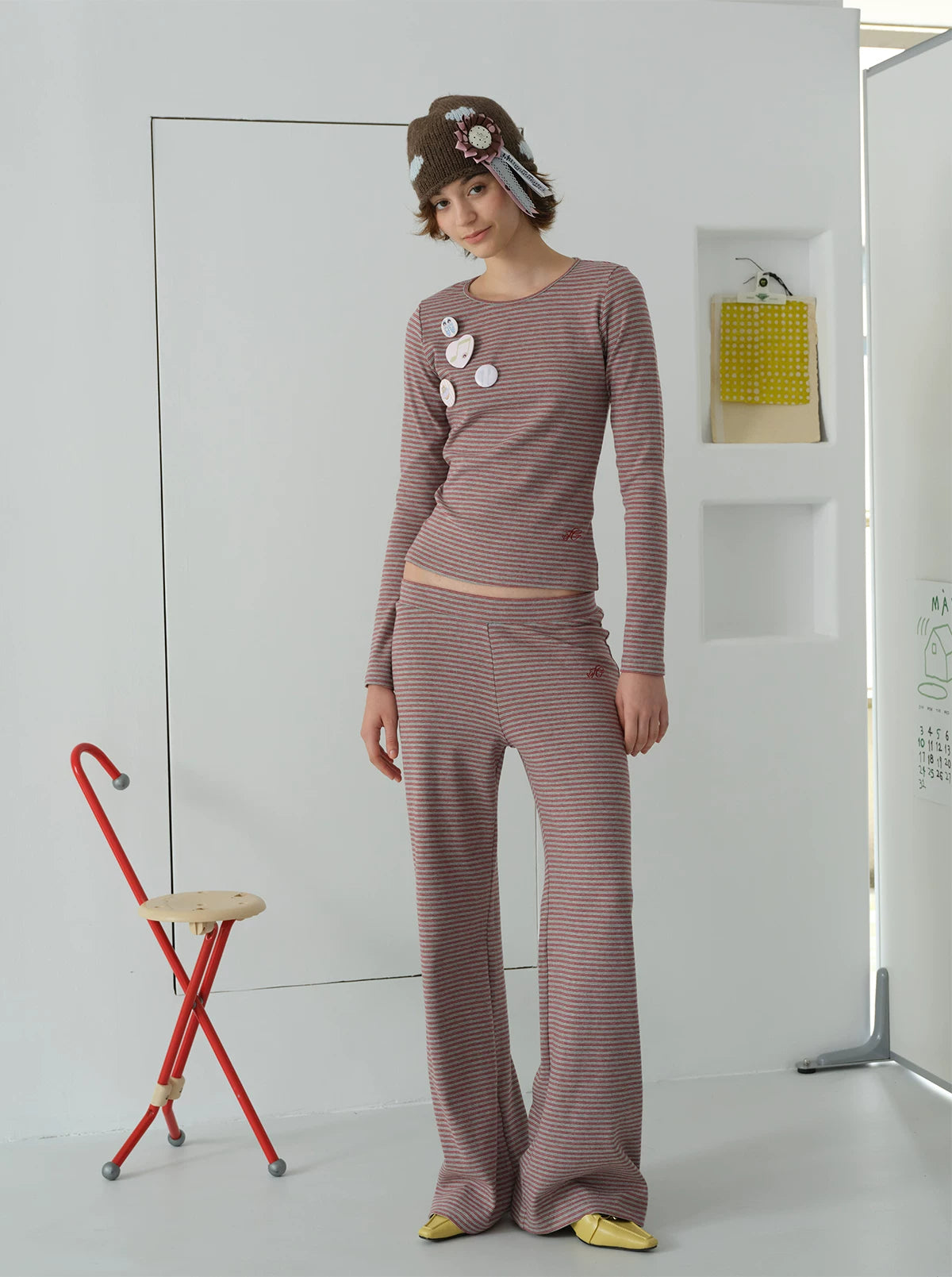 InsGale Vintage Stripe Embroidered Long Sleeve Home Suit