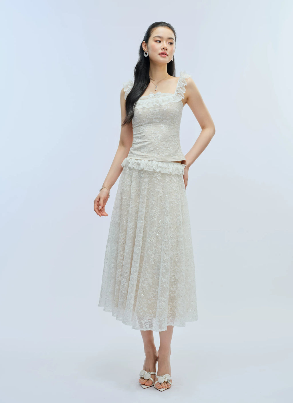 J TheChosen Lace Sequined Flountain Tank Top Skirt Set