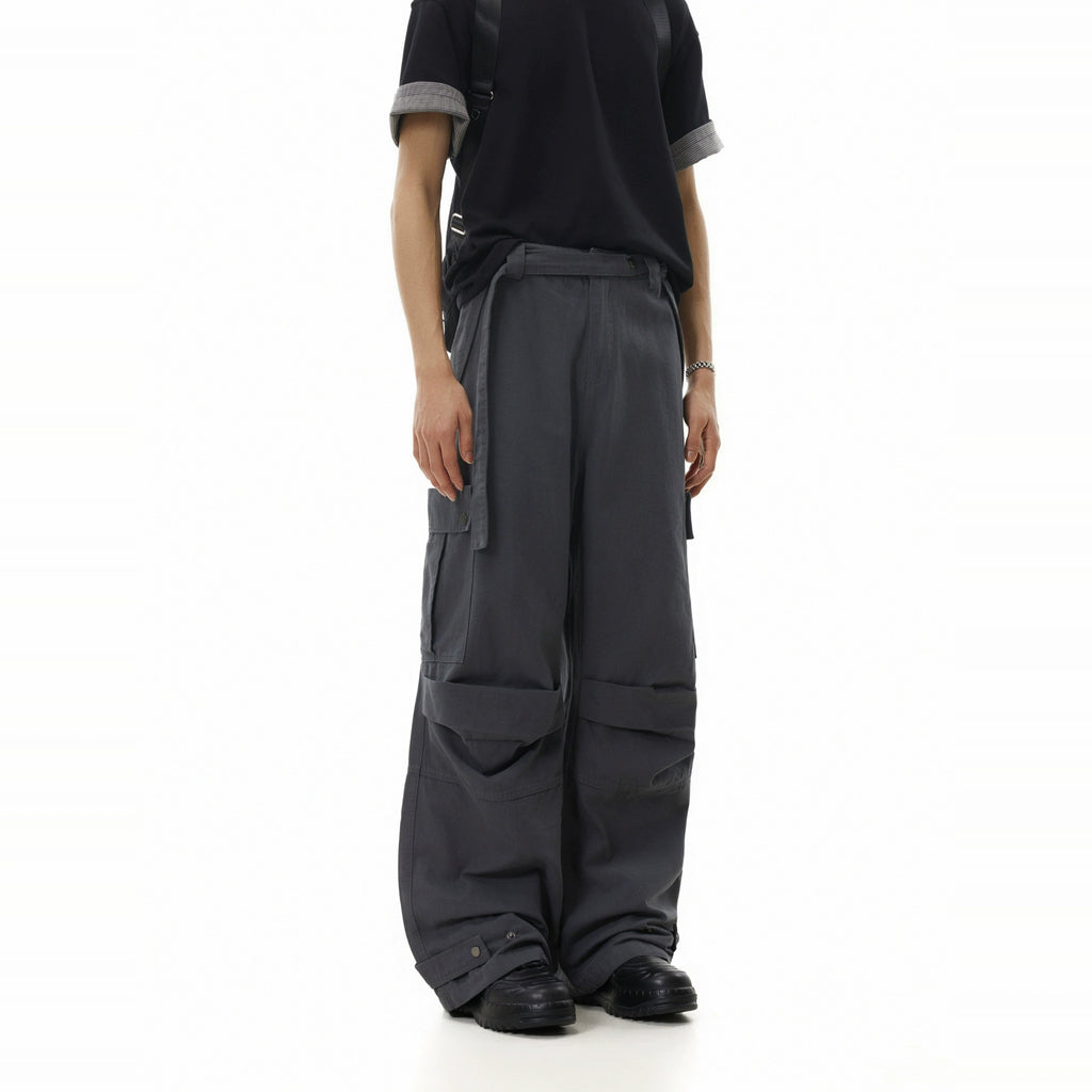 BTSG Pleated Straps Three-dimensional Multi-pocket Tooling Wide-leg Pants