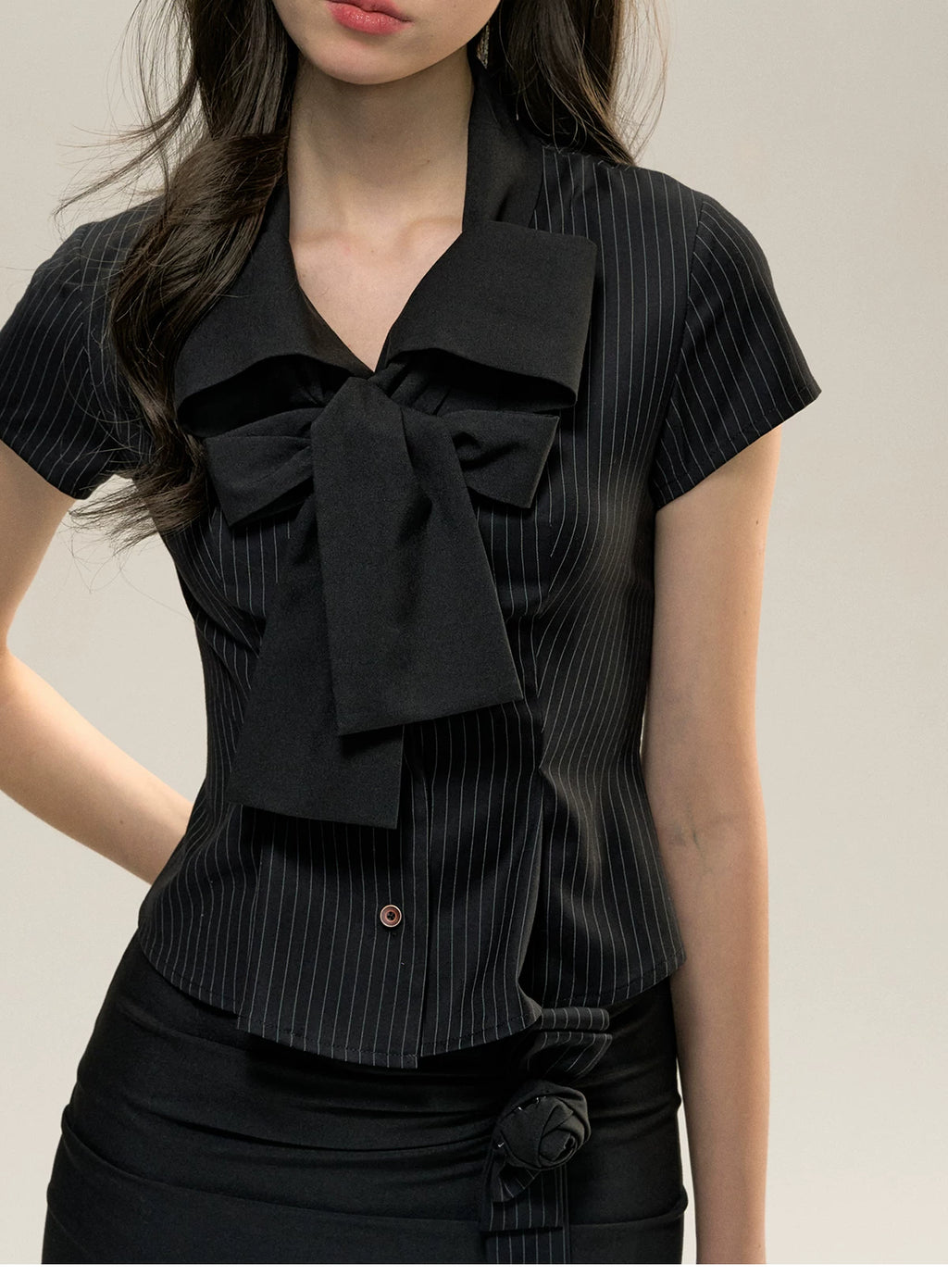 SunsetPark Striped College Butterfly Bow Tie Short Sleeve Shirt