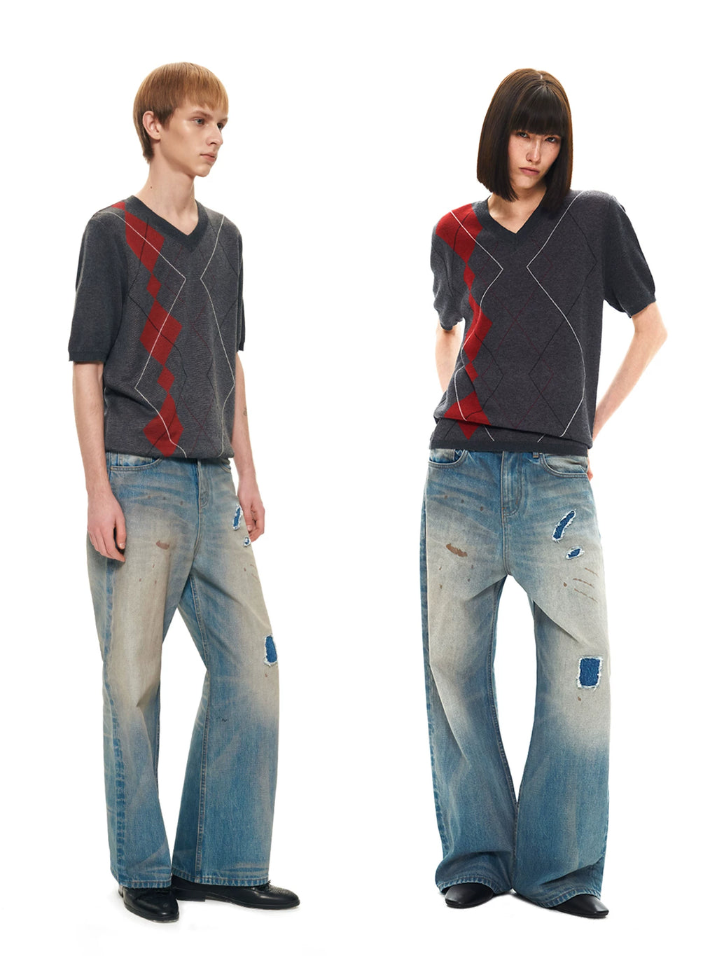 Slight Vogue Contrast Rhombus Splicing V-Neck Wool Tee