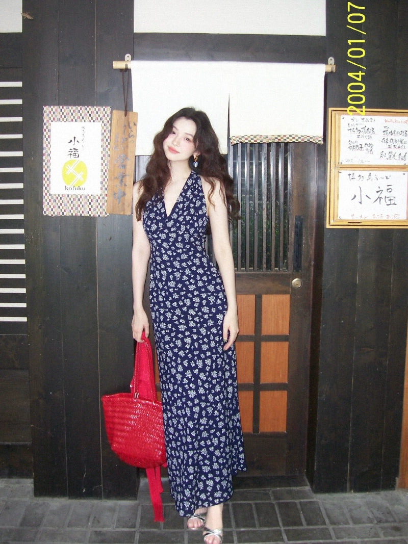 KELIFAN Retro V-neck Waist Floral Skirt