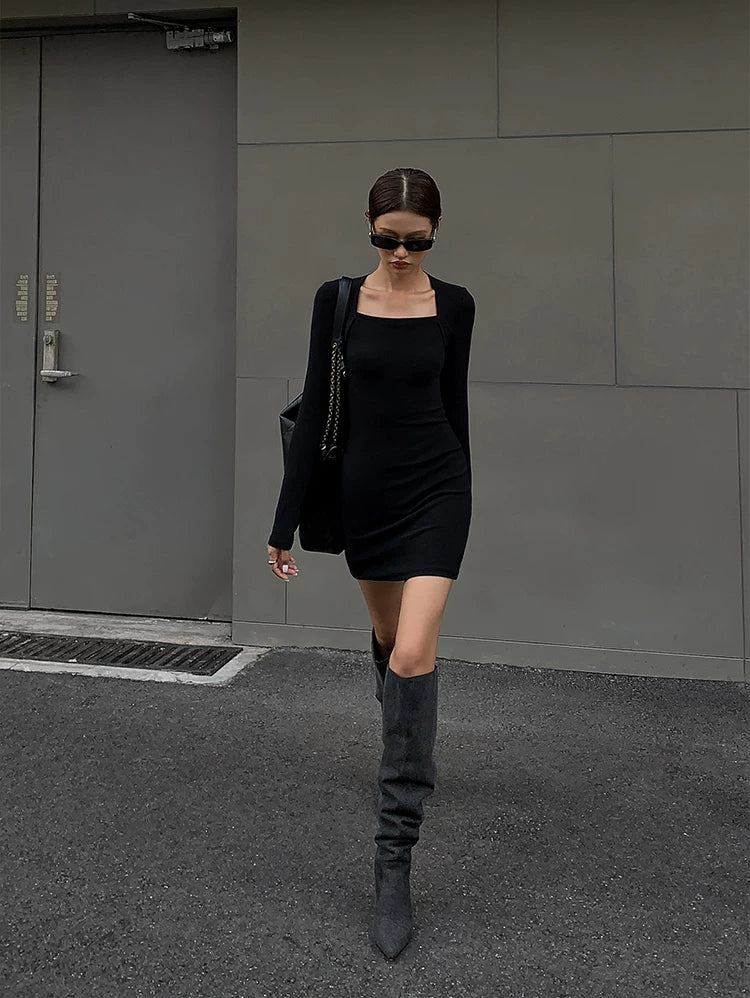 OUSPH Vintage Square Neck Knitted Dress