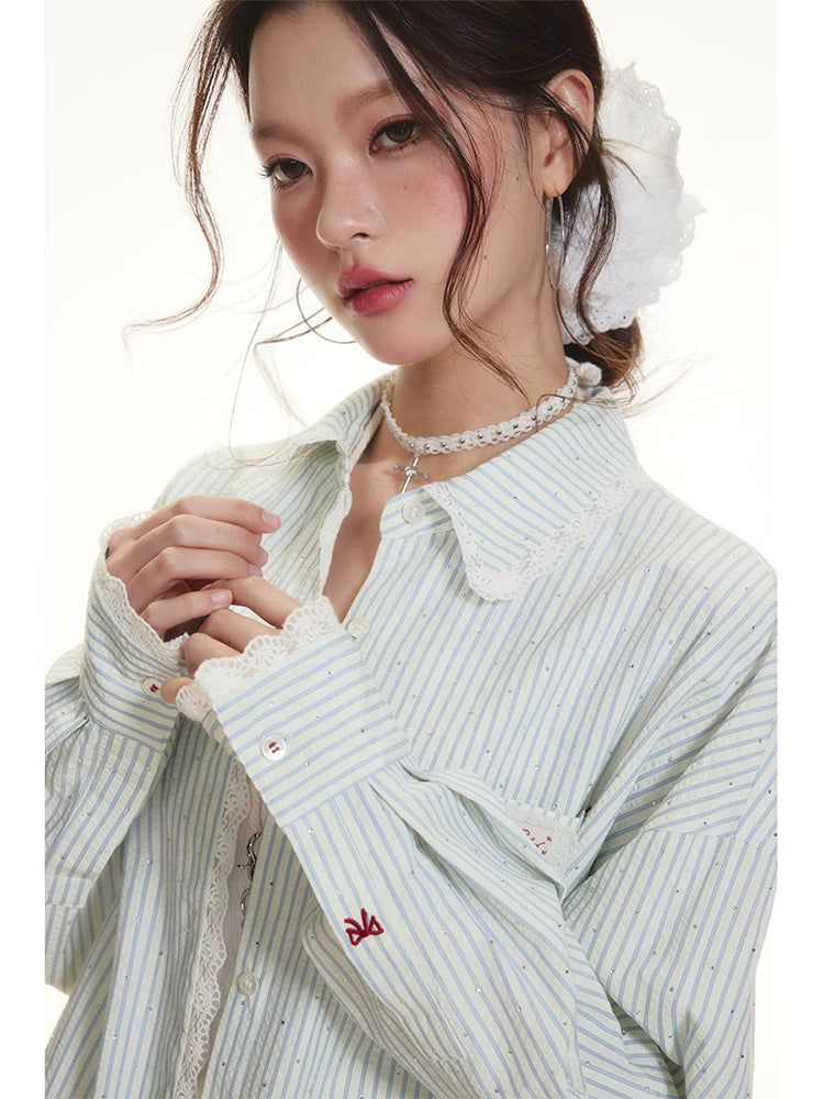 IMONE Hot Diamond Lace Striped Shirt