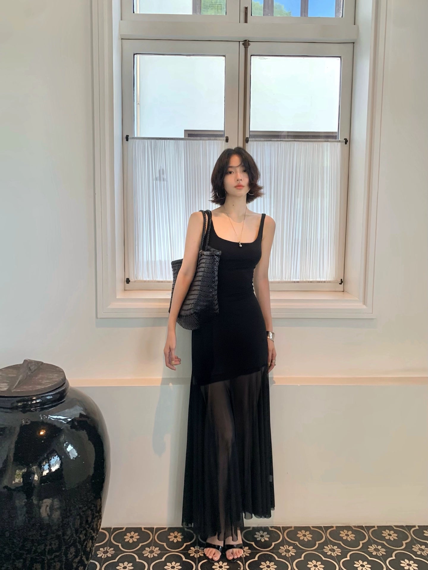 KELIFAN Slightly Sheer Pleated Vest Camisole Dress