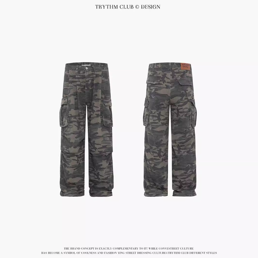 TRYTHMCLUB Vintage Camo Pocket Tooling Straight Loose Wide Leg Pants