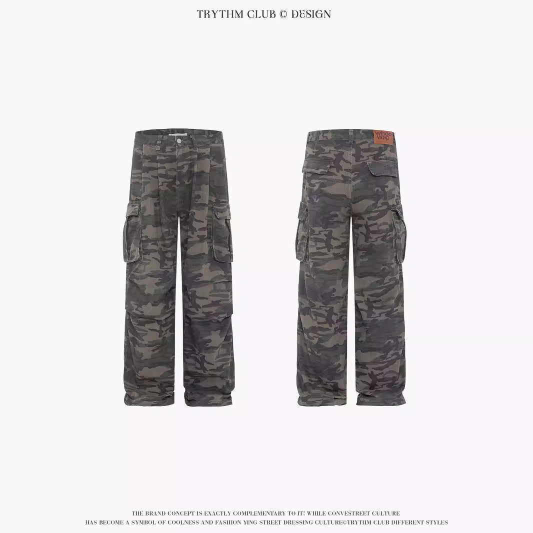 TRYTHMCLUB Vintage Camo Pocket Tooling Straight Loose Wide Leg Pants