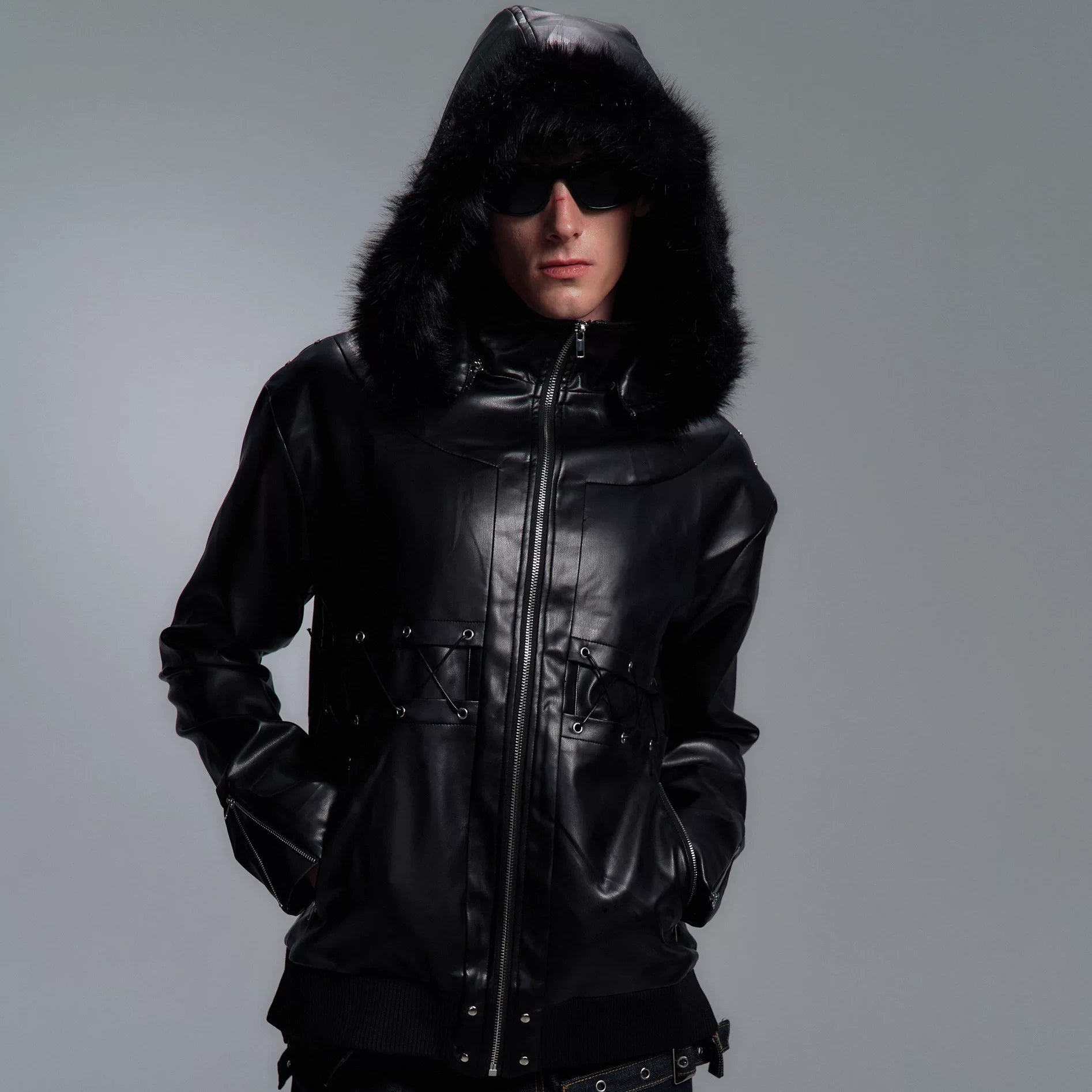 PAIKI Cross Strap Leather Jacket Sweater Neck Hooded Slim Fit Sweater Jacket