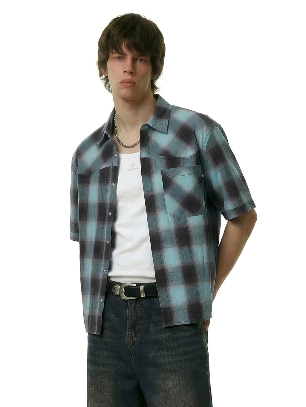 Remedy Loose Plaid Short Sleeve Shirt