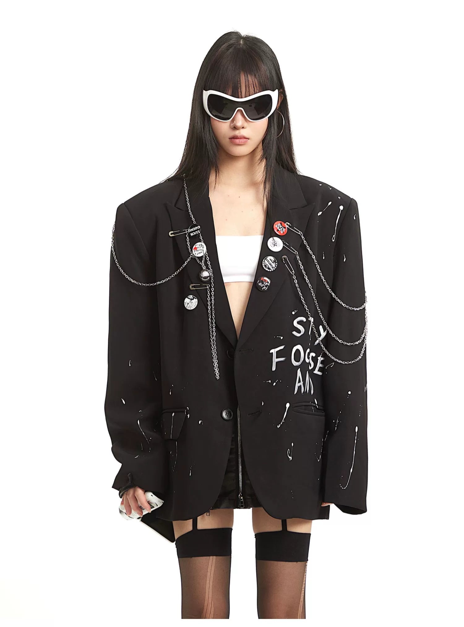 UNCMHISEX Chain Front Shoulder Loose Blazer