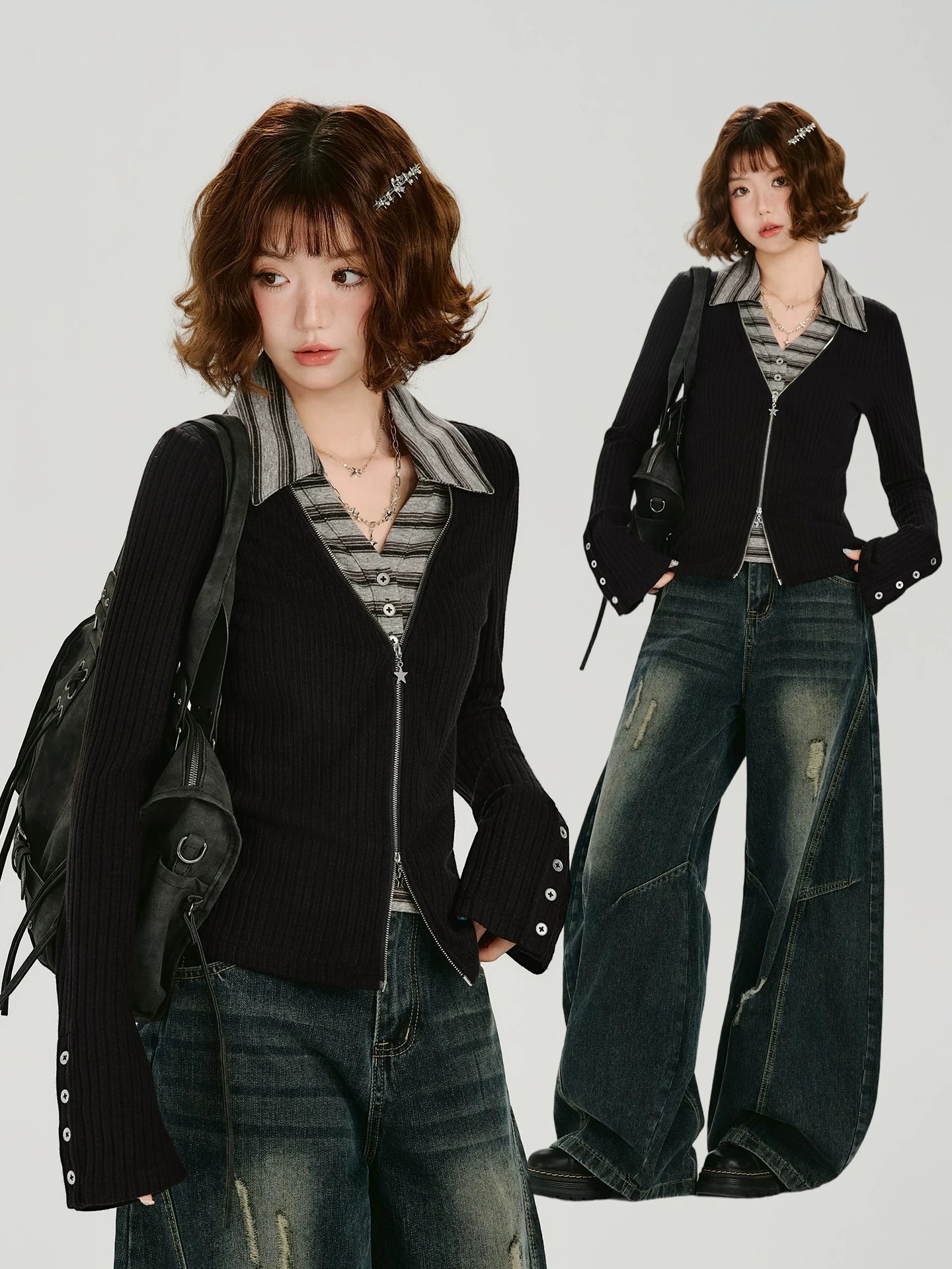 Girlyhalo Vintage Fake Two-Piece Slim-Fit Long Sleeve