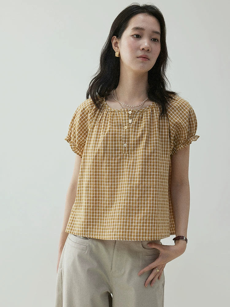 VOOE Vintage Plaid Loose Casual Bubble Sleeve Shirt