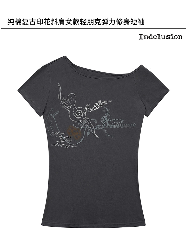Imdelusion Open Shoulder Slant Shoulder Elastic Slim Tee