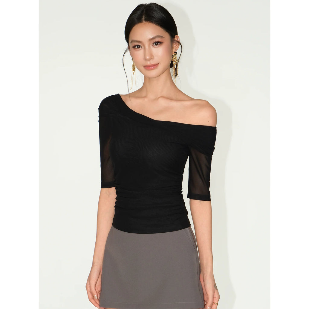 NEVA HU One-word Shoulder Mesh Stitching Slim Tee