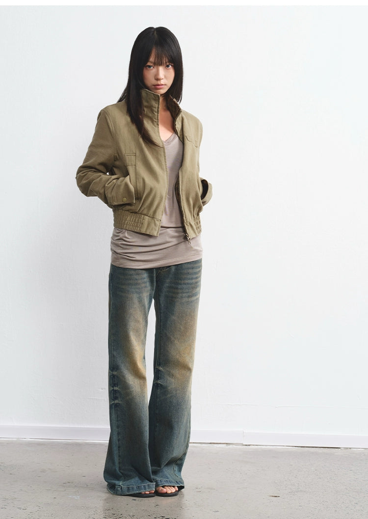 LINY LIBERTY  Vintage Plaid Lapel Flight Jacket