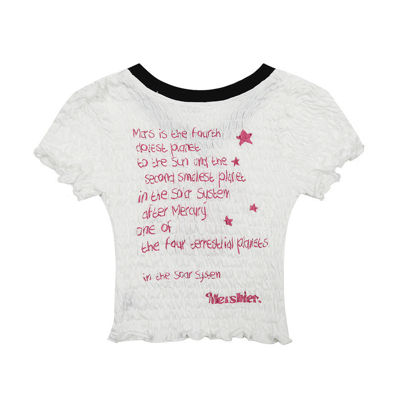 Nariele Pleated Contrasting V-neck Letter Print Tee