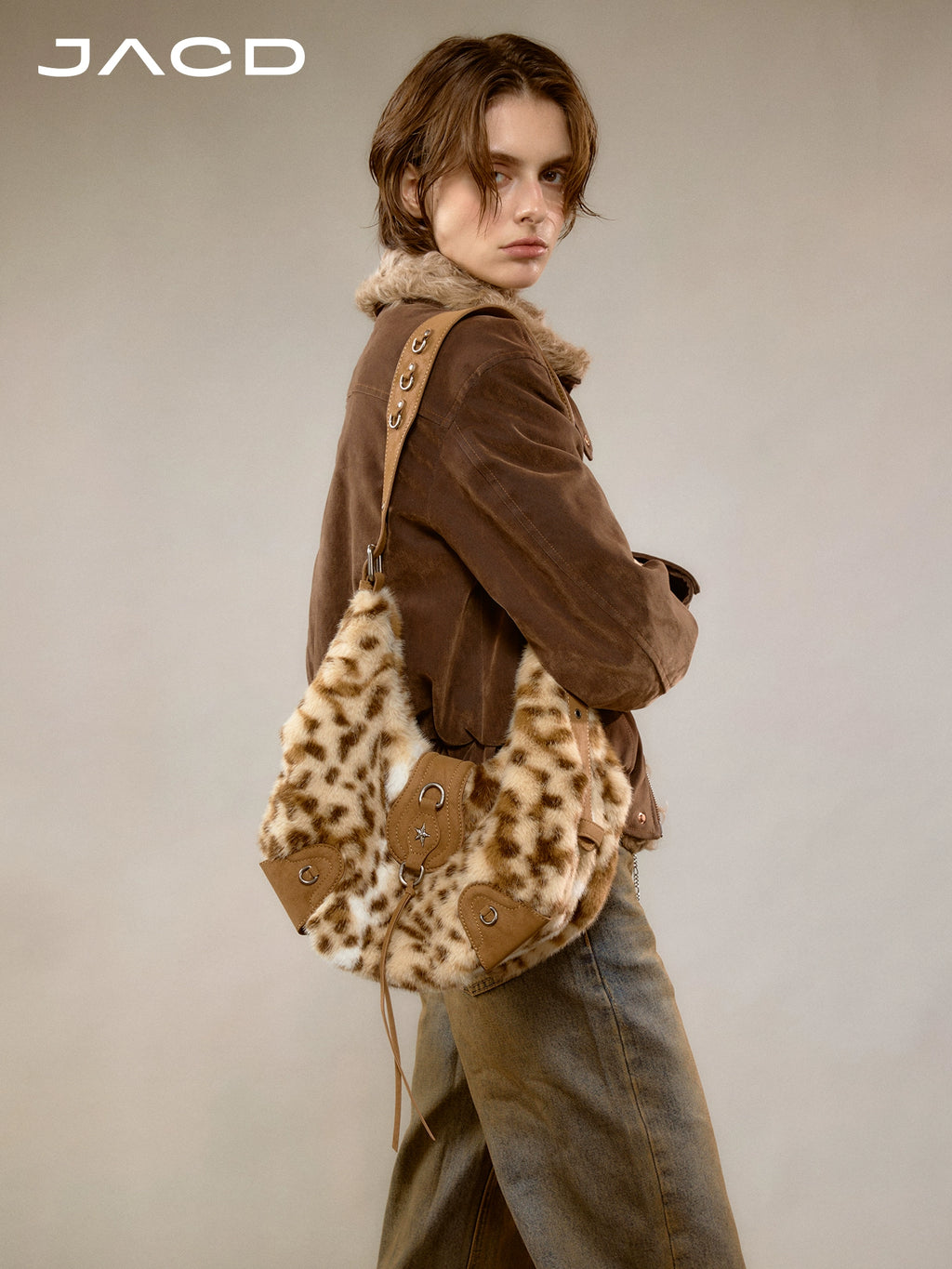 JACD Leopard Print Plush Shoulder Messenger Bag