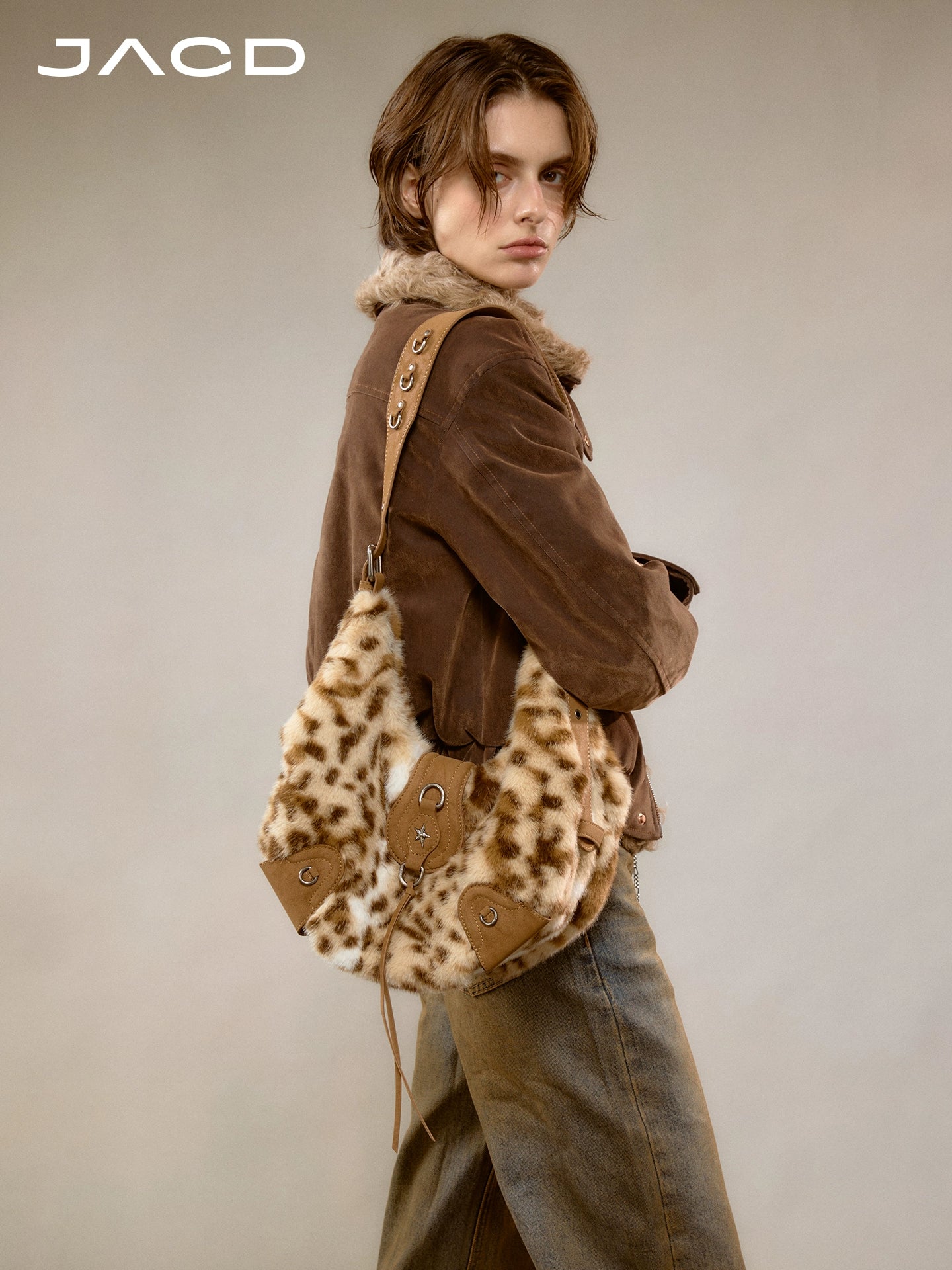 JACD Leopard Print Plush Shoulder Messenger Bag