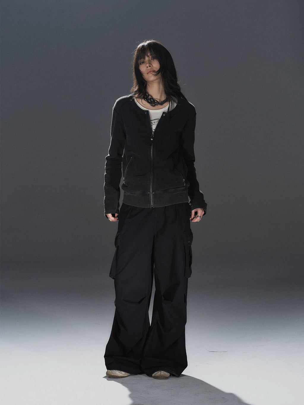 WearAndtear Loose Rivet Crew Neck Sweater Jacket