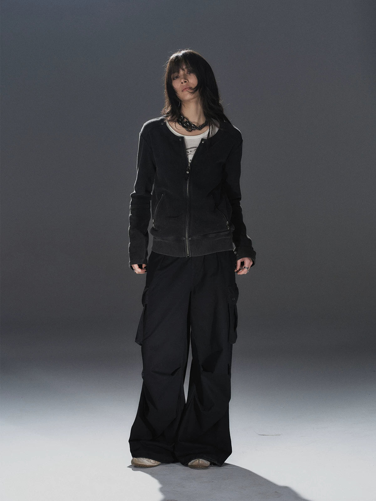 WearAndtear Loose Rivet Crew Neck Sweater Jacket