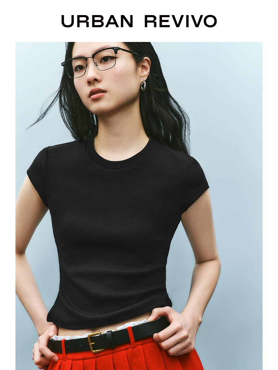 URBAN REVIVO Fashion Versatile Solid Color Slim Crew Neck Tee