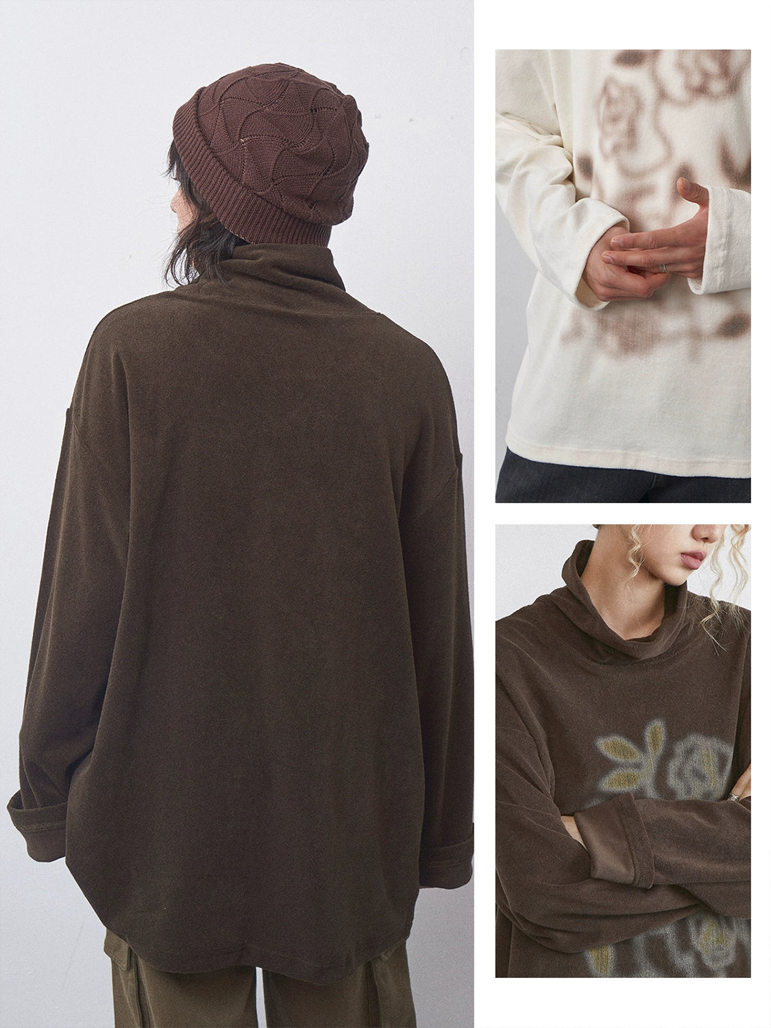 PHYS Semi-turtleneck Loose Versatile Rose Print Long Sleeve