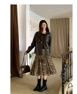 Kano Stitching Elegant Chiffon Leopard Print Skirt