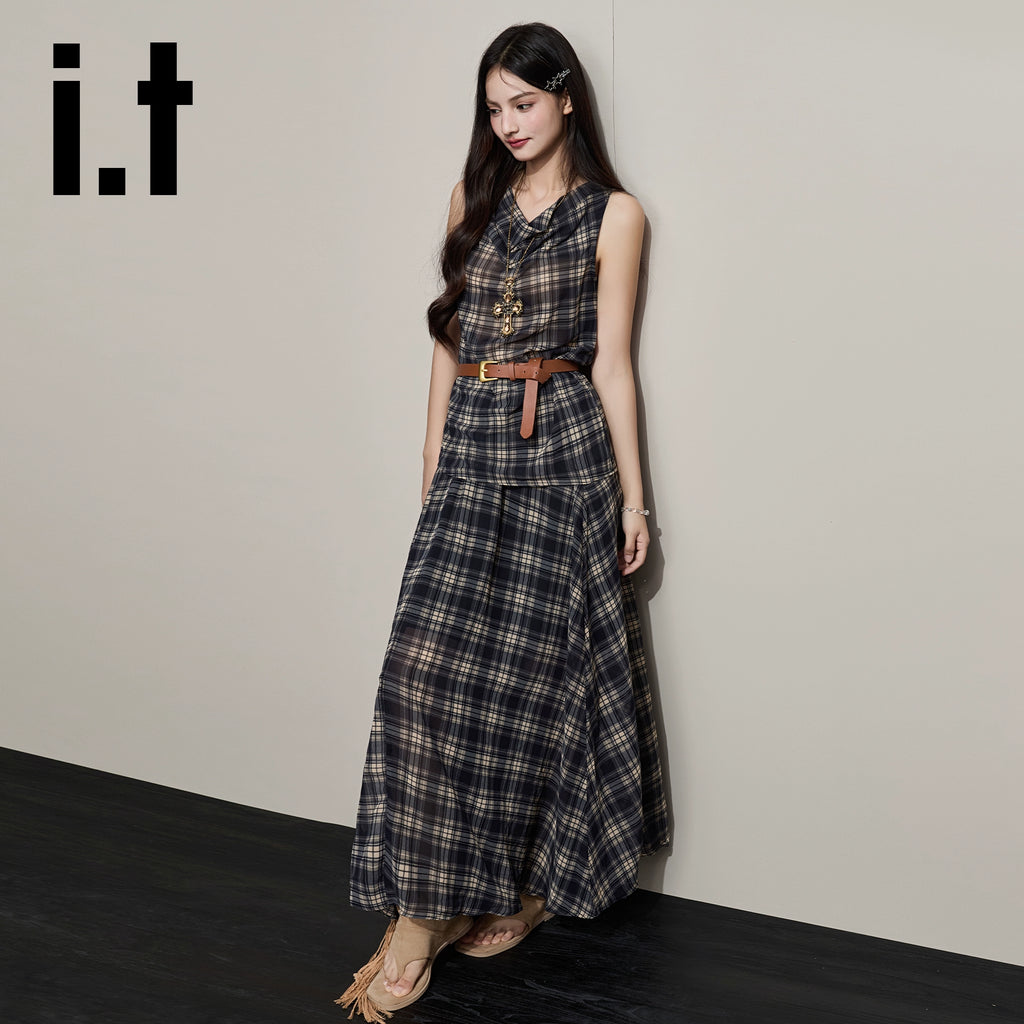 IT: CHOCOOLATE Check Neck Top High Waist Skirt Two-piece Set