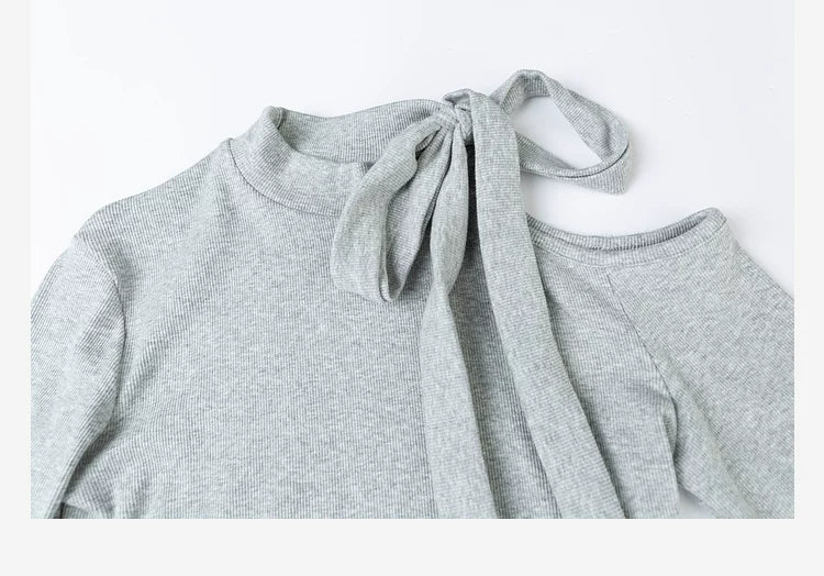 LOVEHEYNEW Strap Hollow Bow Slim Off-Shoulder Long Sleeve