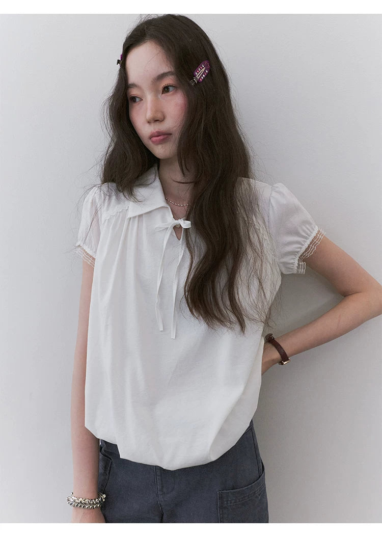 VOOE Lapel Strap Lace Shirt