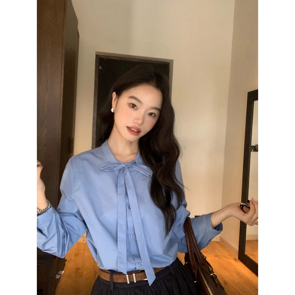 Pusumede Bow Strap Striped Shirt