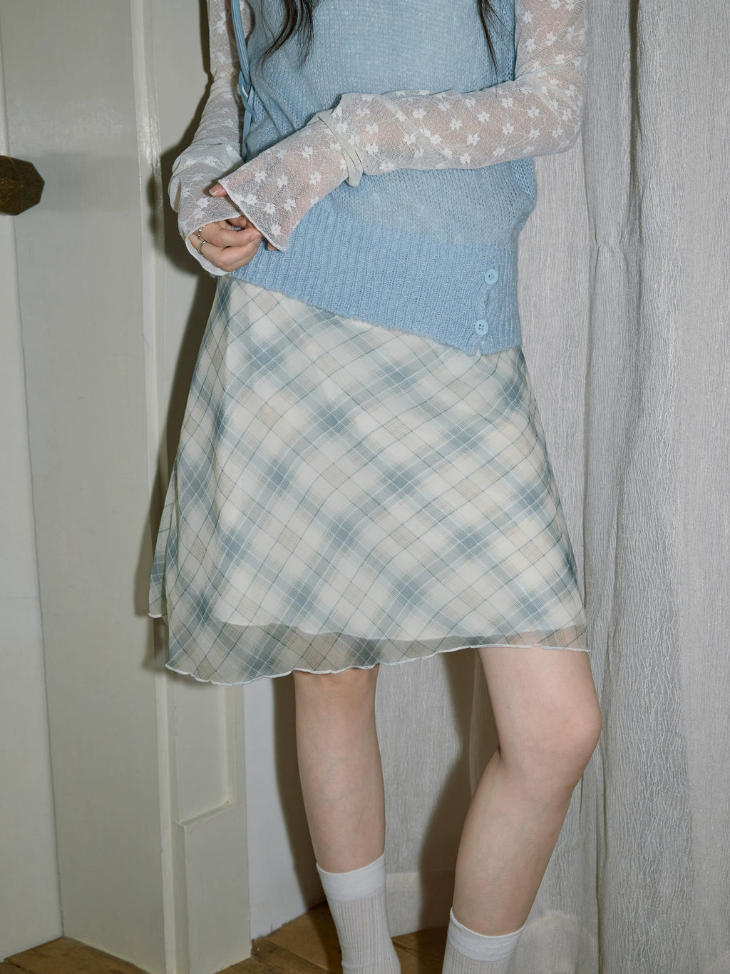 XUJING High Waist Temperament Straight Plaid Skirt