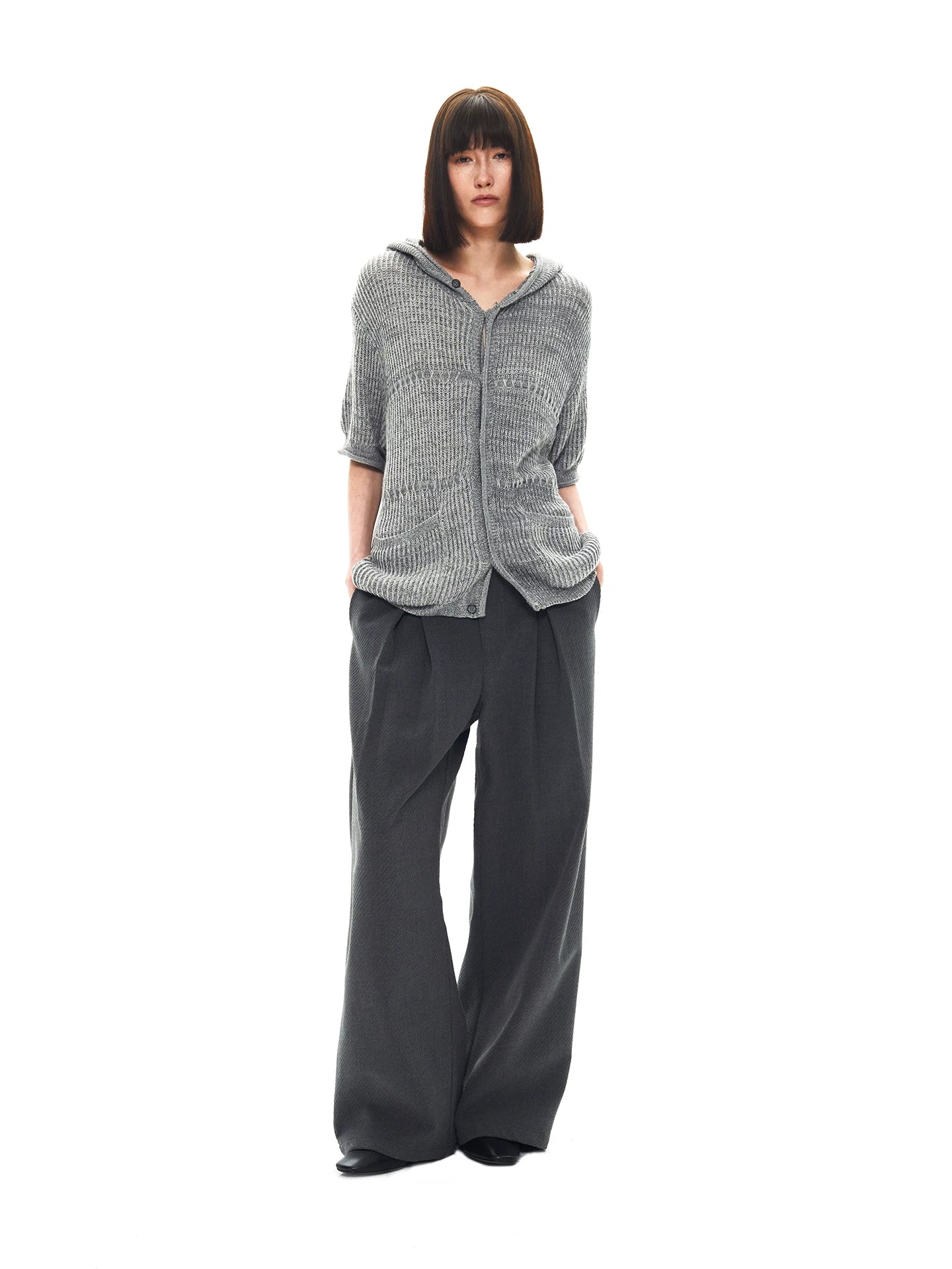 Slight Vogue Jacquard Hooded Wool Short Sleeve Cardigan