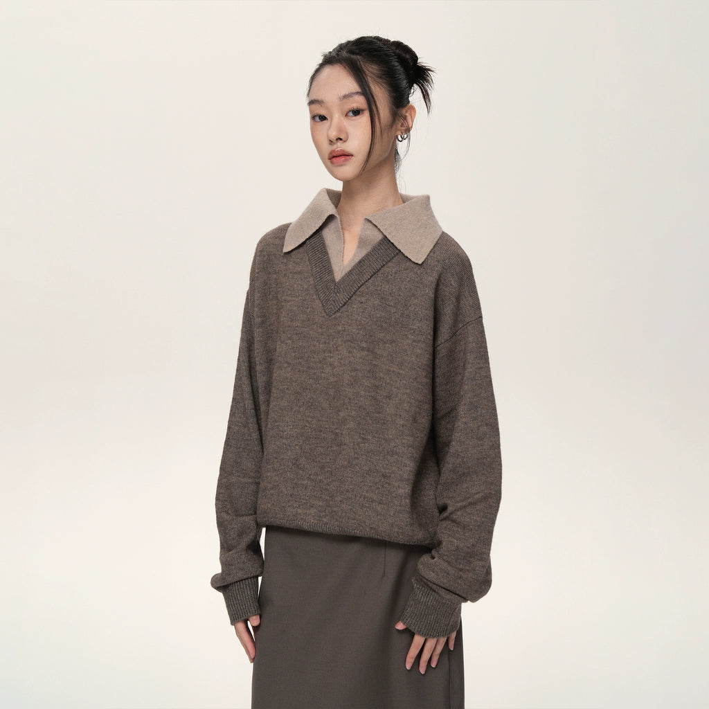 Set for Life V-neck Lapel Color Matching Thin Long-sleeved Sweater