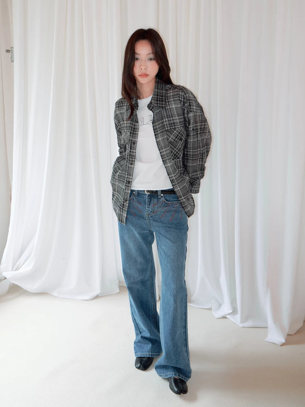 FUNKYFUN Retro Embroidered Slightly Pulled Old Jeans
