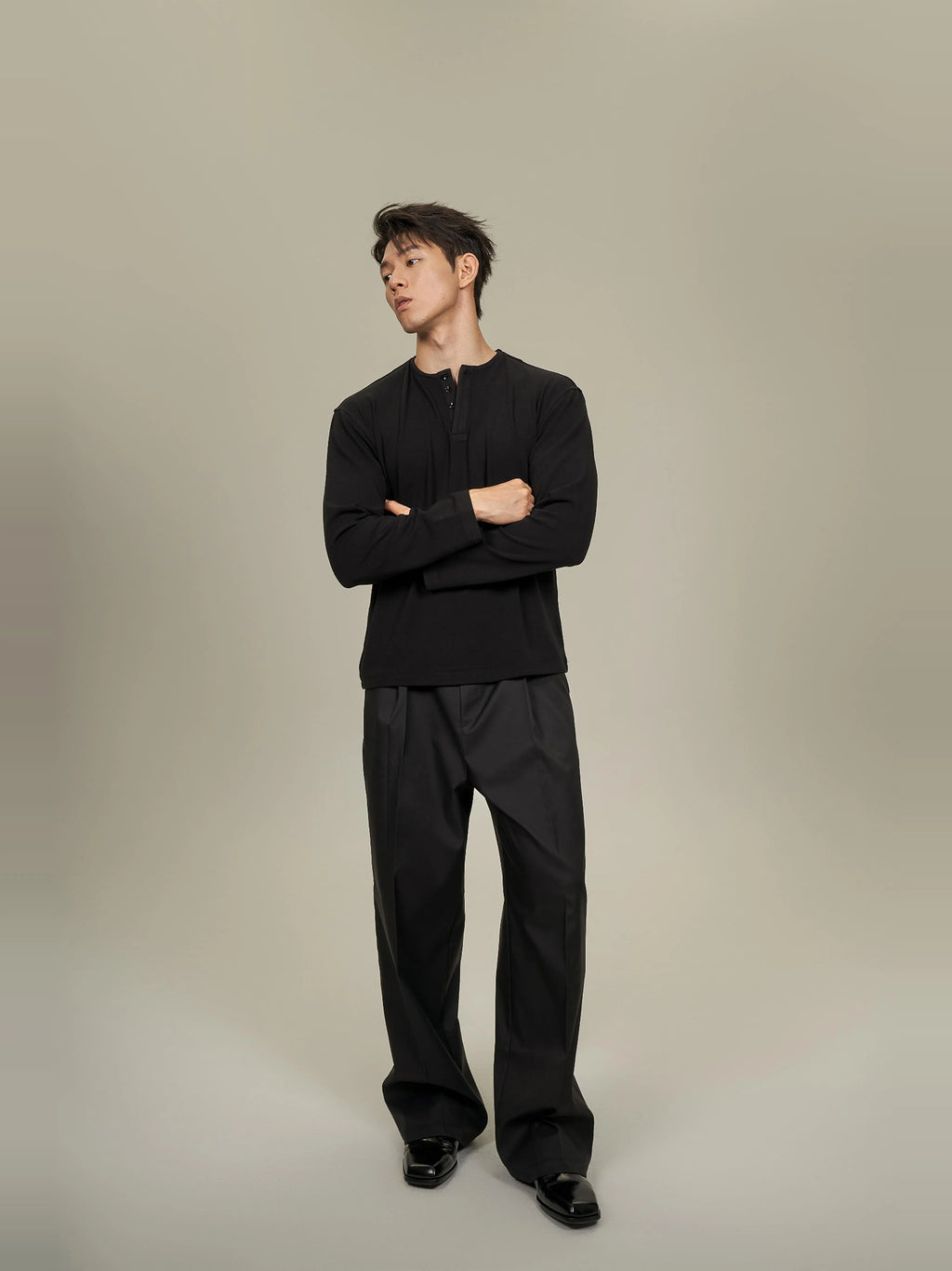 AaNn Thin Velvet Soft Waxy Front Shoulder Henry Collar Long Sleeve