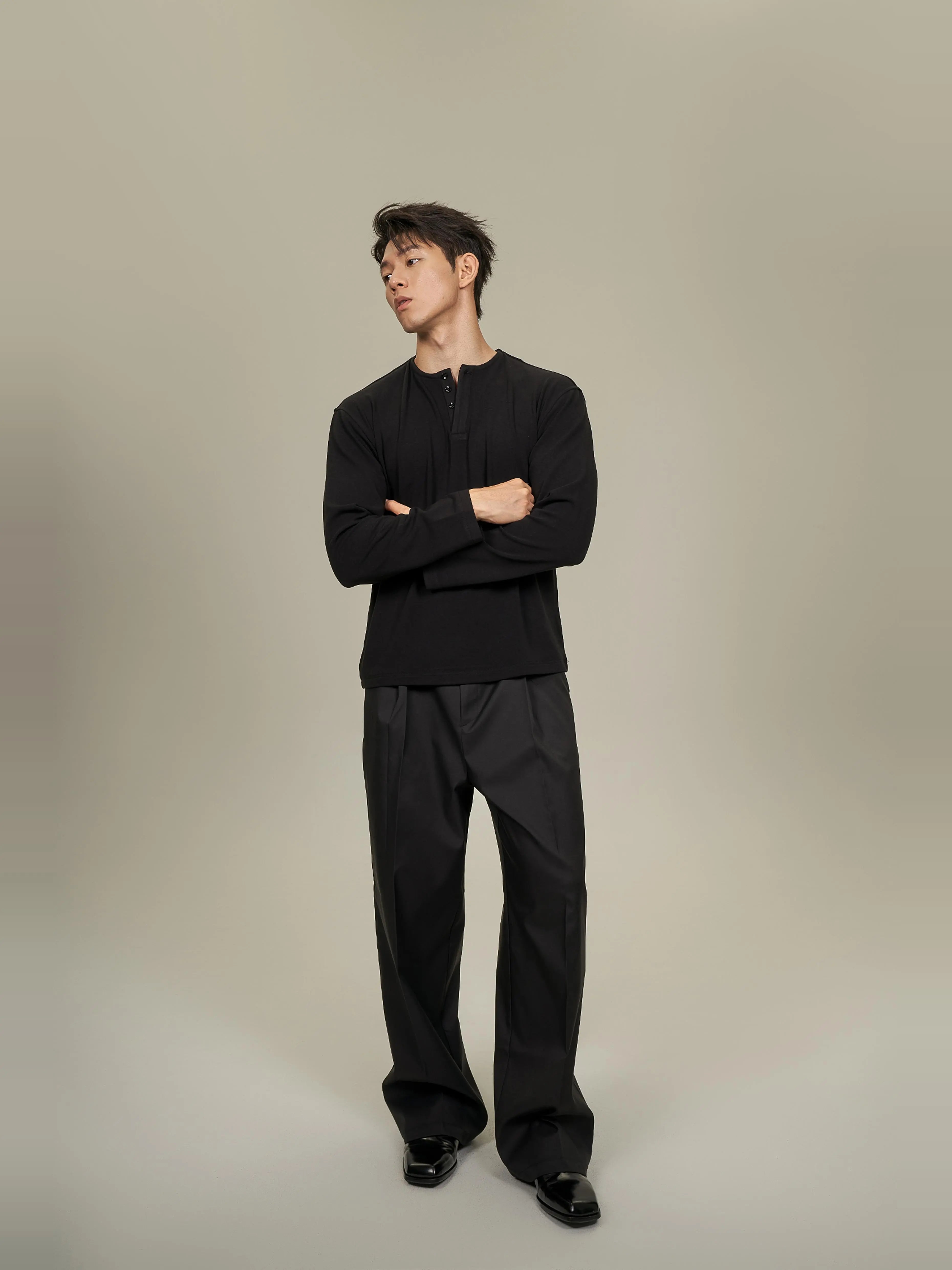 AaNn Thin Velvet Soft Waxy Front Shoulder Henry Collar Long Sleeve
