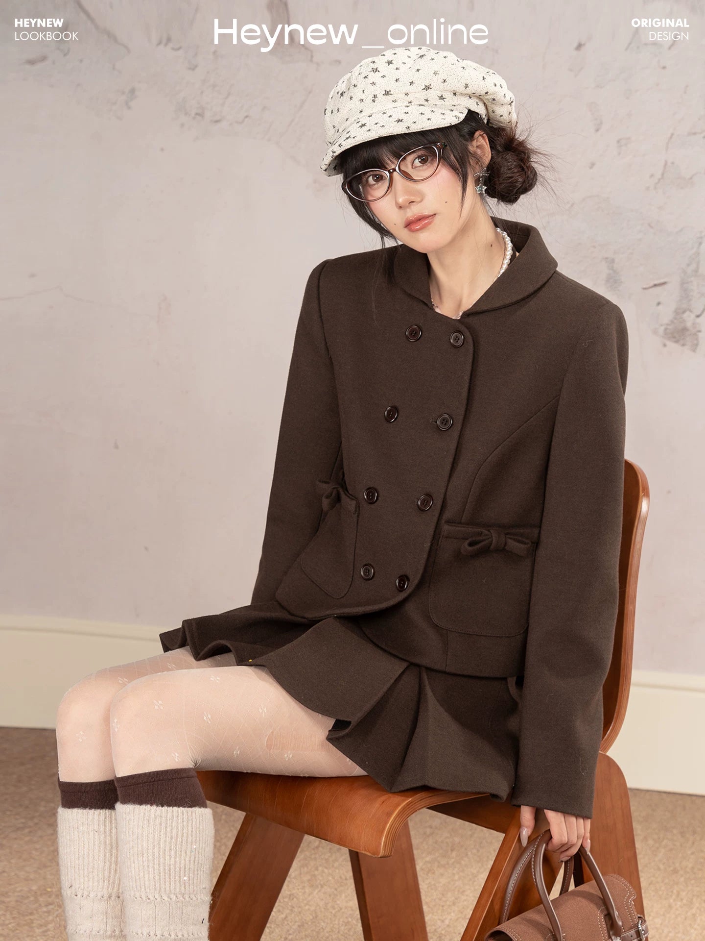 HEYNEW Maillard College Style Coat Pleated Skirt