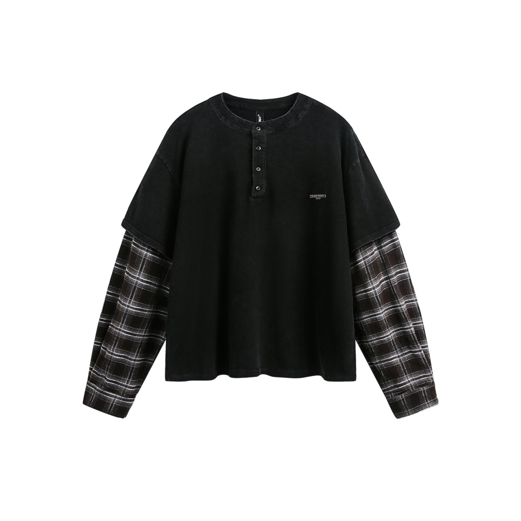 BTSG fake two-piece plaid splicing long sleeve tee