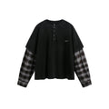 BTSG fake two-piece plaid splicing long sleeve tee