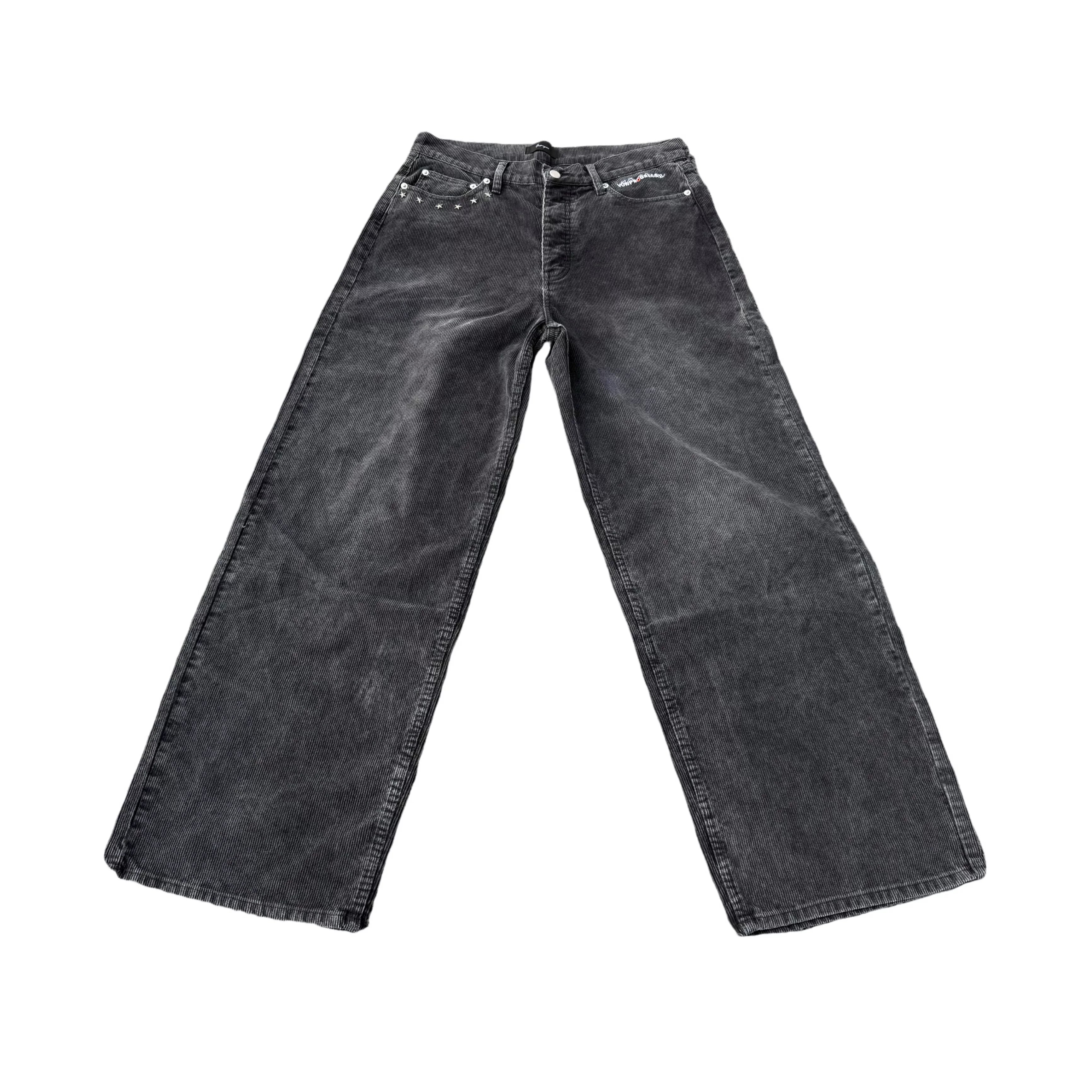 VOWPROGRESS  Corduroy Faded Embroidered Straight Loose Vintage Trousers