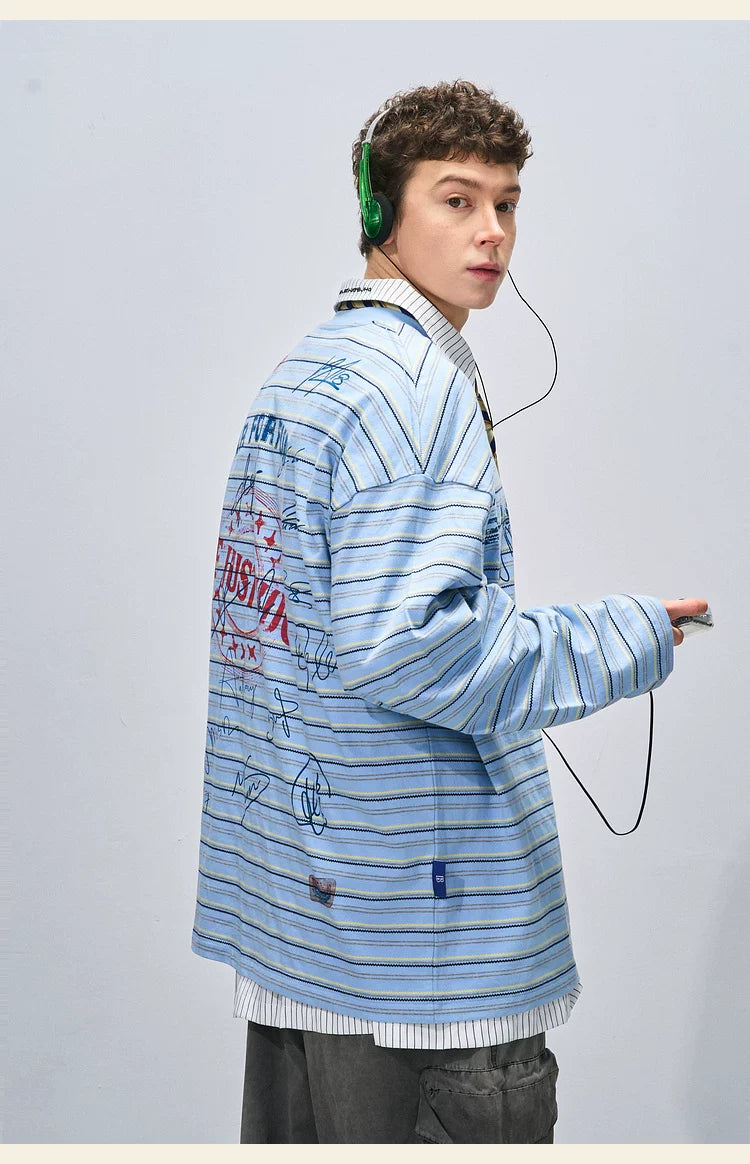 BJHG Striped Graffiti Print Knitted Sweater Couple Sweater