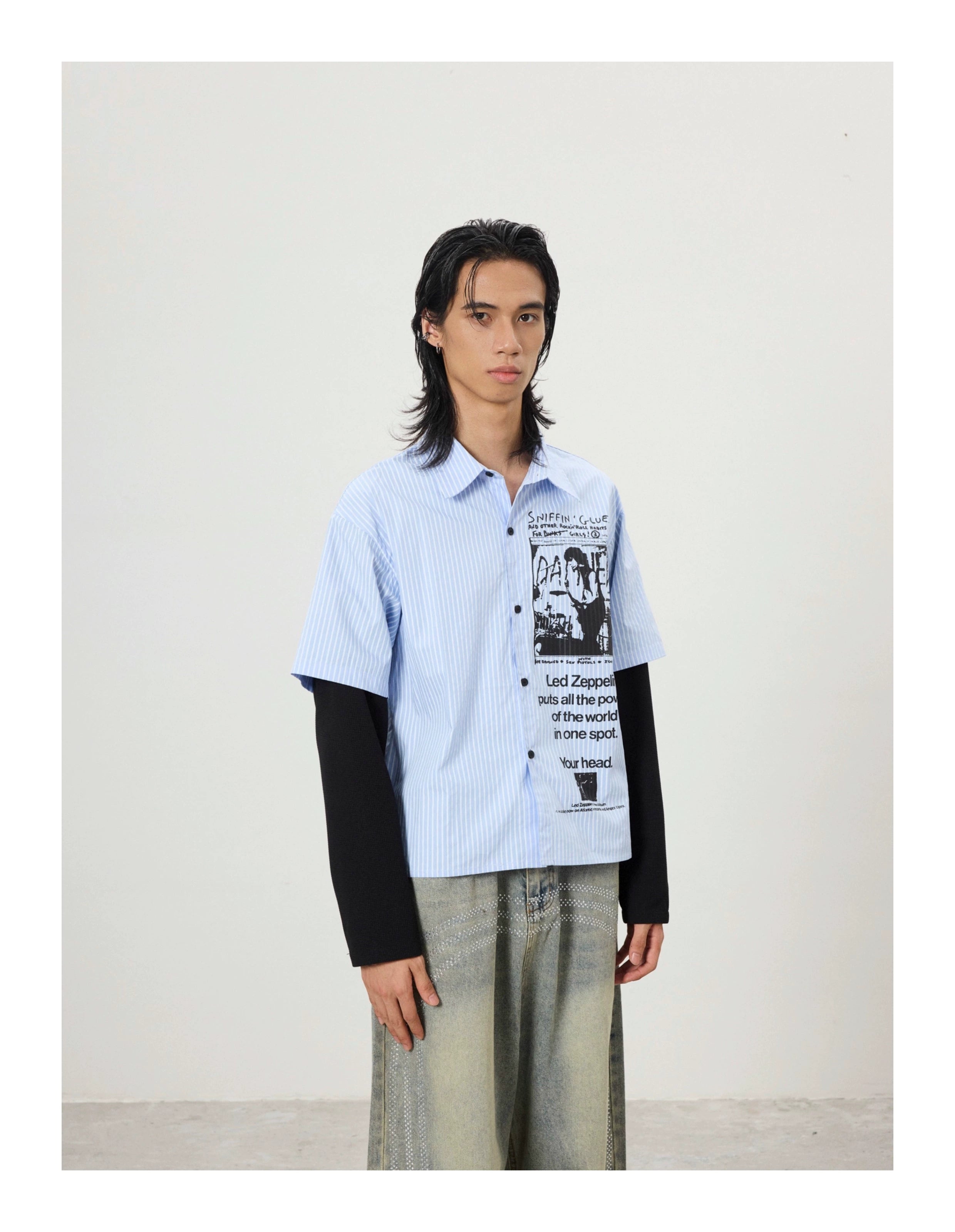 BTSG Vintage Graffiti Fake Two Piece Design Long Sleeve Shirt Jacket