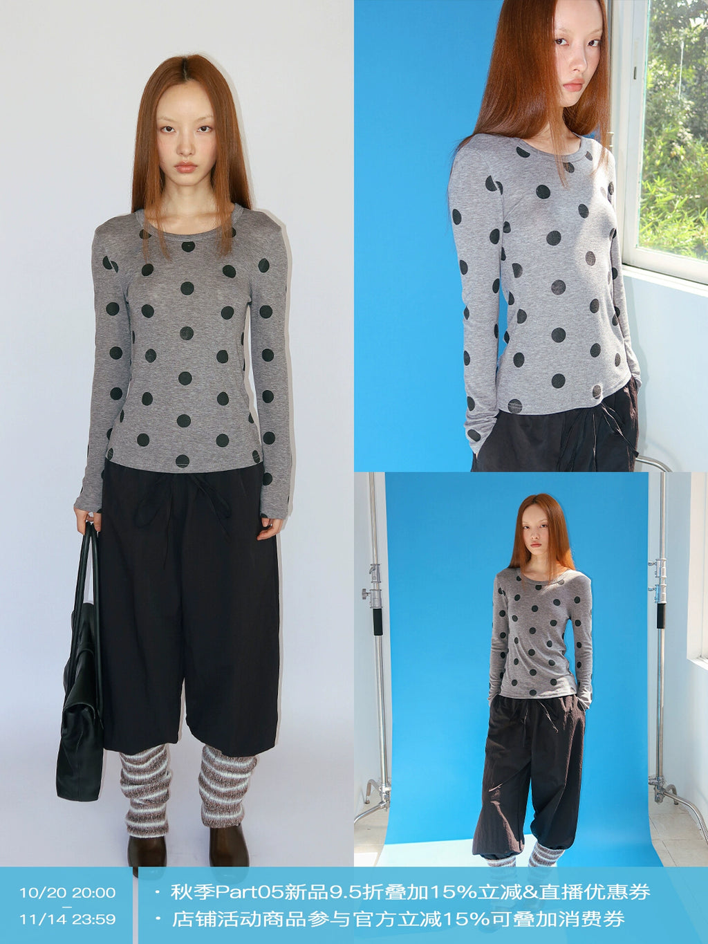 FUNKYFUN Full Printed Polka Dot Printed Elastic Front Shoulder Long Sleeve