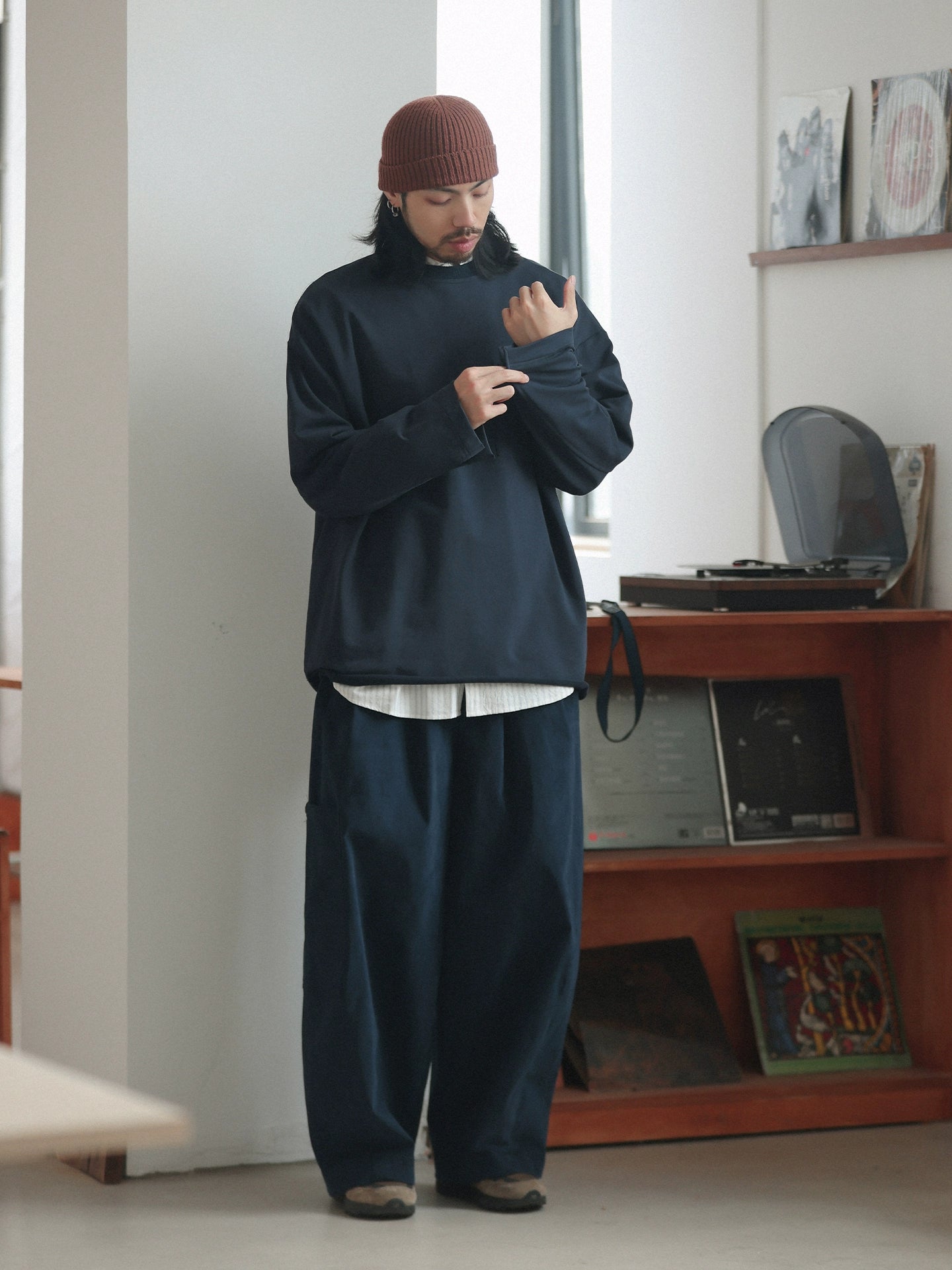 NOEARS Vintage Loose Elastic Waist Straight Casual Pants